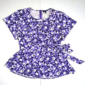 Lane Bryant Blouse Women’s 28 Violet Floral Print Peplum Short Sleeve Waist Tie